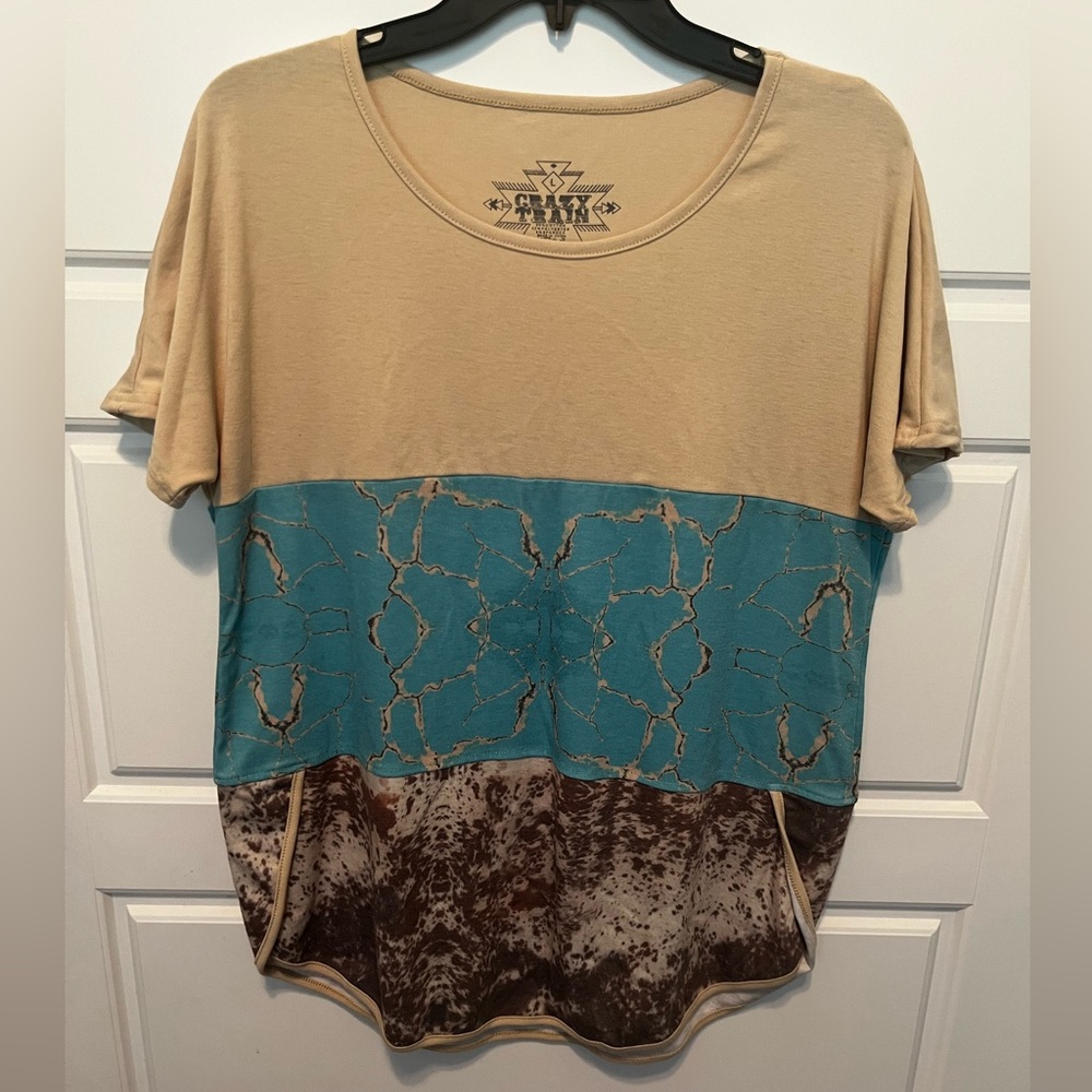 Crazy Train Tribal Beige and Teal Short Sleeve Top